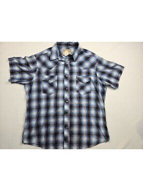 Vintage Wrangler Western Pearl Snap Shirt Blue Plaid Short Sleeve XL Cowboy